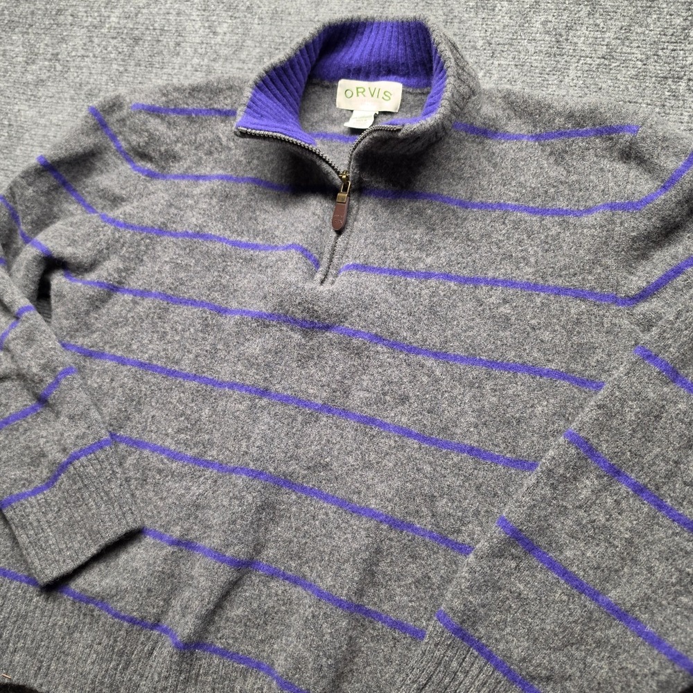 Orvis Mens XL Lambswool Sweater Quarter Zip Gray Purple Striped Outdoor Preppy